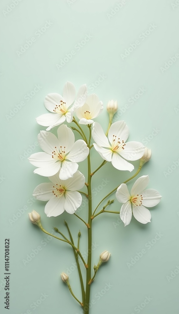 Beautiful white cherry blossom branch on soft mint background showcasing nature's delicate elegance and charm Beautiful white cherry blossom branch on soft mint background showcasing nature's delicate elegance and charm