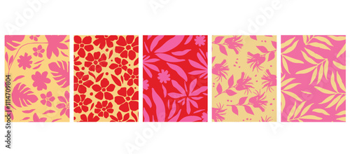 Seamless Vector Pattern of Vibrant Tropical Leaves and Flowers with Pink, Yellow, and Red Hibiscus