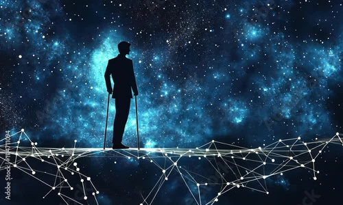 Silhouette of a man with crutches standing on a network path in space. photo