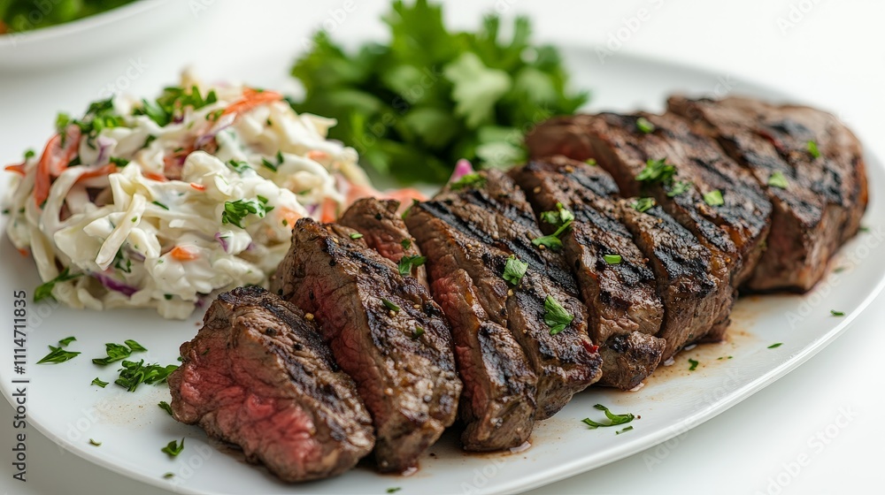 A deliciously plated steak with coleslaw and herbs, showcasing a gourmet meal. A deliciously plated steak with coleslaw and herbs, showcasing a gourmet meal.