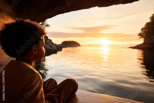 A young child sits inside a cave, gazing across a peaceful body of water as the sun sets, offering a serene and contemplative moment in nature's embrace. photo