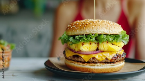 Wallpaper Mural Female eating burger fresh concept. Woman Enjoying Meal at Beachside Cafe Torontodigital.ca