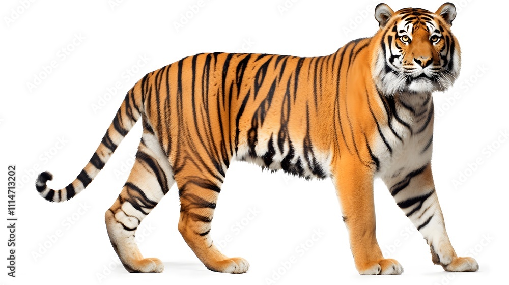 Obraz premium A graceful tiger with bright orange fur and dark stripes, standing gracefully on a pure white background.