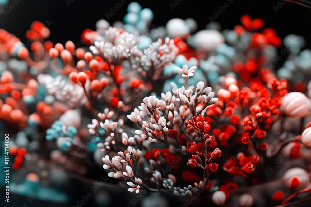 A striking collection of abstract flowers in vivid red and icy blue hues, creating a vibrant display of color contrast and delicately intricate patterns. A striking collection of abstract flowers in vivid red and icy blue hues, creating a vibrant display of color contrast and delicately intricate patterns.