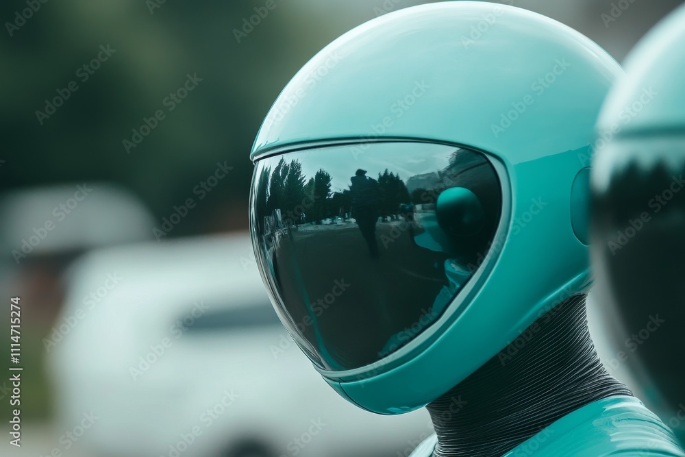 Fototapeta premium A sleek, futuristic helmet with a reflective visor showcases a modern design, capturing the essence of advanced technology in an outdoor setting.