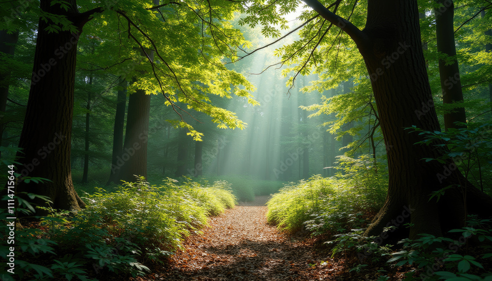Obraz premium Sunbeams create magical forest atmosphere.