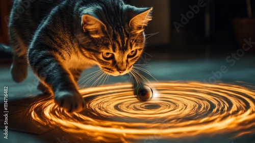 A curious tabby cat playfully stalks a glowing orb within a fiery, swirling circle on the floor.