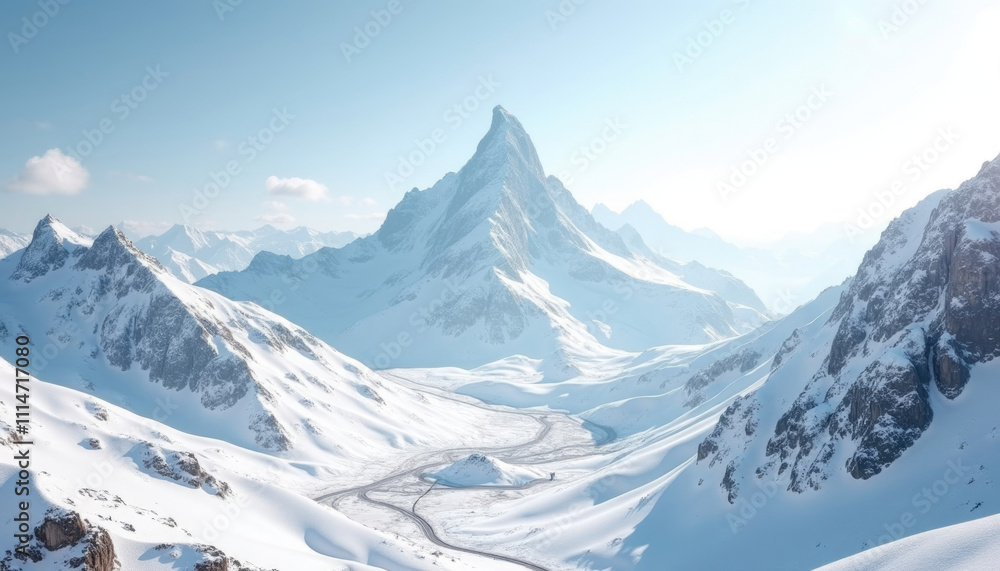Obraz premium A winding road through a snow covered mountain pass leading to a majestic peak under a clear sky.