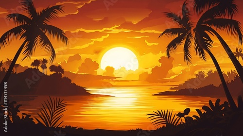 Tropical sunset over calm ocean with palm trees silhouetted against vibrant orange sky.