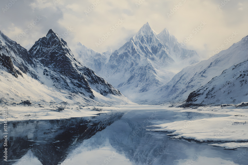 Fototapeta premium Serene Snowy Peaks Under a Pristine White Sky: A Landscape of Tranquility and Purity