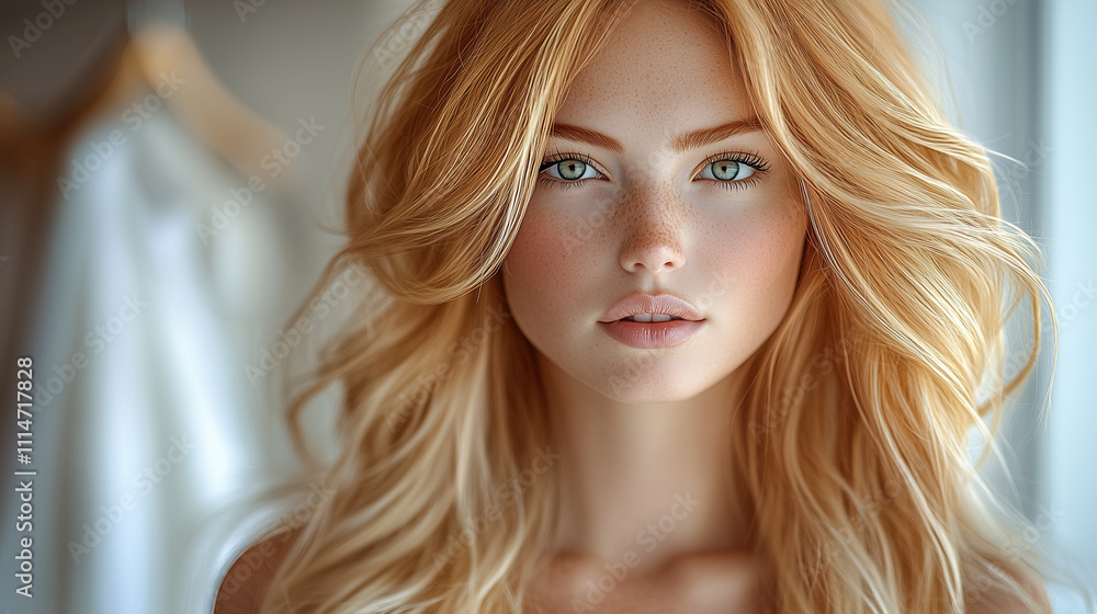 Naklejka premium Natural Beauty of a Freckled Redhead with Wavy Hair