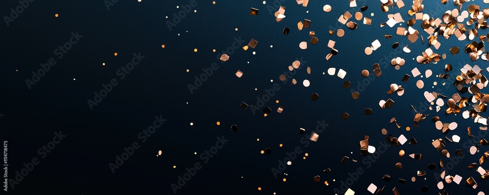 Fototapeta premium Golden confetti on dark background, holiday celebration