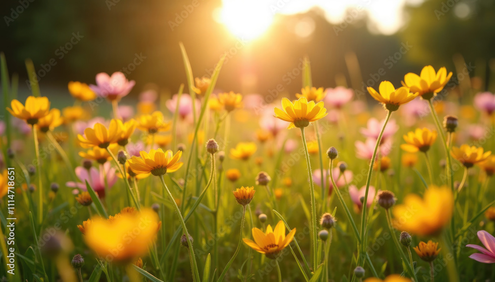 Fototapeta premium Golden sunset light illuminates vibrant yellow and pink wildflowers.