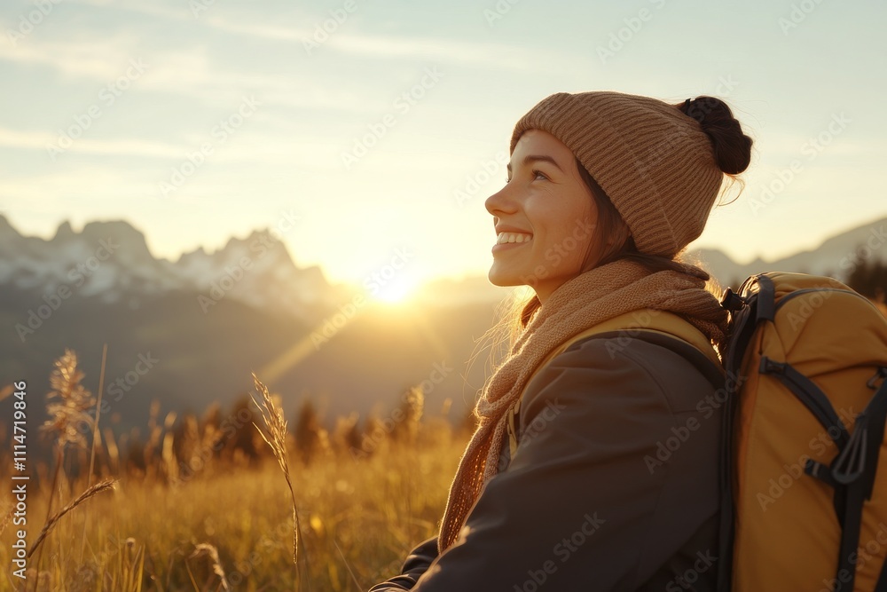 A smiling hiker with a backpack enjoys sunshine in a mountain meadow, demonstrating happiness, connection with nature, and the peace of outdoor exploration. A smiling hiker with a backpack enjoys sunshine in a mountain meadow, demonstrating happiness, connection with nature, and the peace of outdoor exploration.