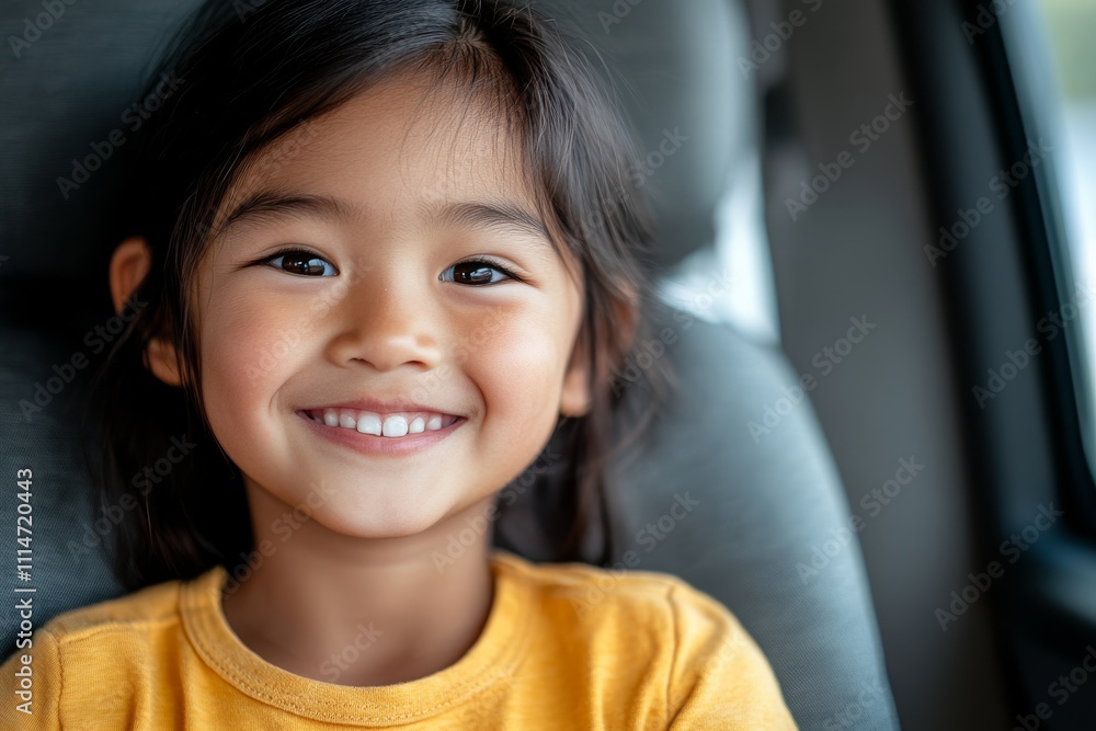 A cheerful young child in a car seat, smiling warmly at the camera, encapsulating happiness, safety, and innocence during a car ride. A cheerful young child in a car seat, smiling warmly at the camera, encapsulating happiness, safety, and innocence during a car ride.