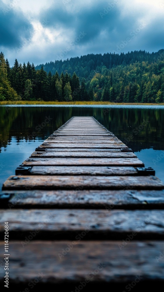 Naklejka premium A wooden bridge spans a body of water, with trees in the background