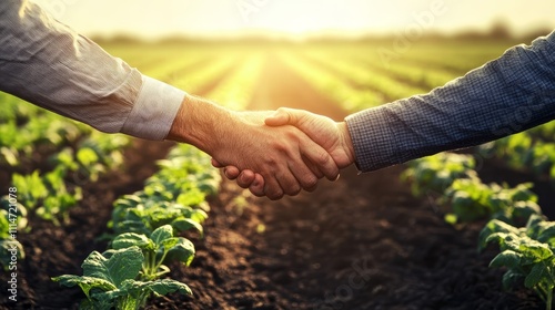 Agricultural Partnership Handshake in Sunset Field