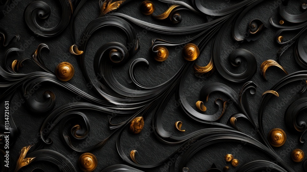 A black and gold floral pattern with many small gold balls A black and gold floral pattern with many small gold balls