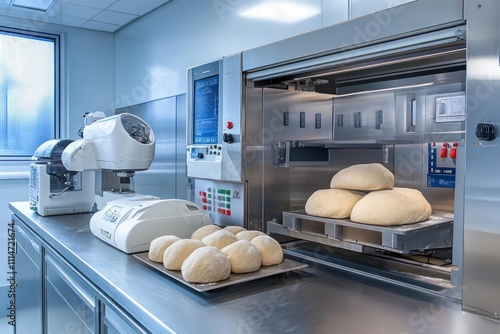 Advanced baking technology lab with automated dough mixers and texture analyzers, culinary and precise,