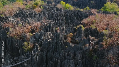 Backpacker girl traverses a bridge over the sharp pinnacles of Tsingy de Bemaraha National Park in Madagascar, highlighting the park's remarkable rock formations and stunning vistas