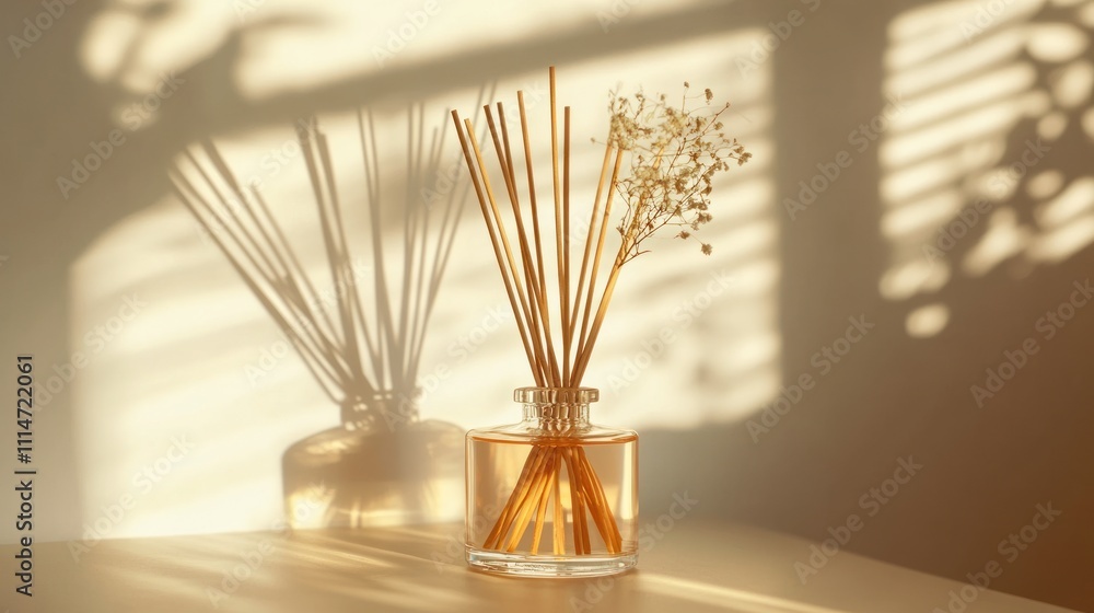 Fototapeta premium Reed Diffuser with Dried Flowers in Warm Sunlight