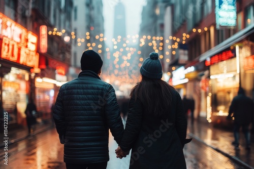 A couple holding hands strolls through a romantic cityscape, illuminated by streetlights, surrounded by urban bustle, symbolizing companionship and warmth in the city.