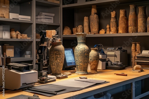 Archaeological conservation lab with artifact restoration tools and imaging technology, historical and detailed, photo