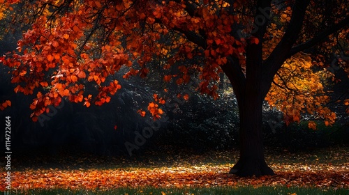 Autumnal tree with vibrant red and orange leaves on a park ground. photo