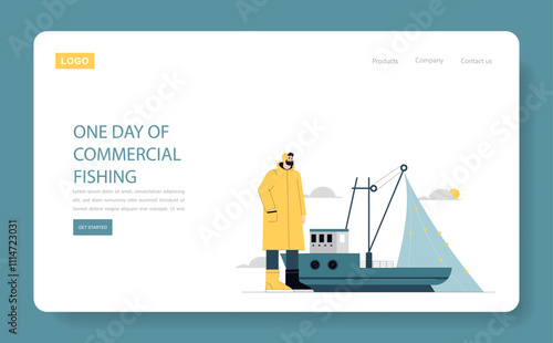 One Day Of Commercial Fishing. Flat Vector Illustration