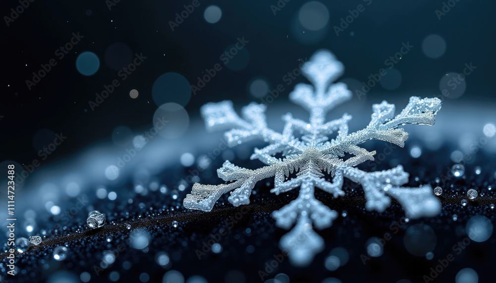 Fototapeta premium A single snowflake glistening with water droplets rests on a dark bokeh filled background.