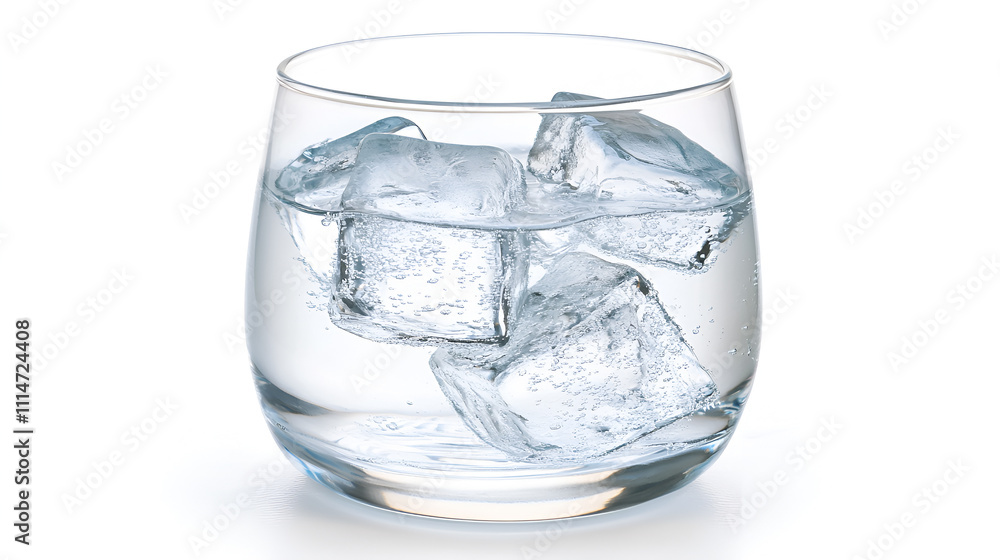 Clear Glass with Cubes of Ice and Water, Refreshing Beverage in Transparent Drinkware, Perfect for Summer or Cooling Down, Isolated on White Background Clear Glass with Cubes of Ice and Water, Refreshing Beverage in Transparent Drinkware, Perfect for Summer or Cooling Down, Isolated on White Background