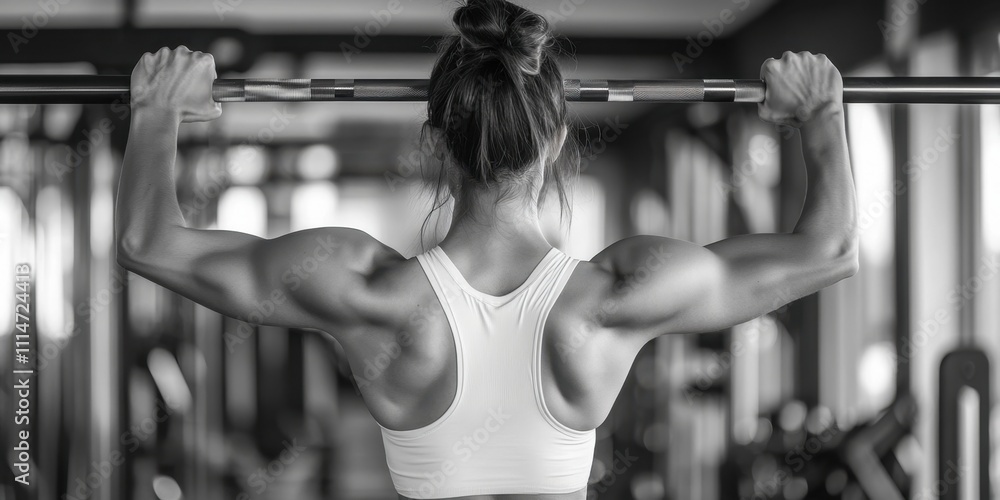 Strong woman lifts barbell in gym as she focuses on fitness goals during morning workout session Strong woman lifts barbell in gym as she focuses on fitness goals during morning workout session