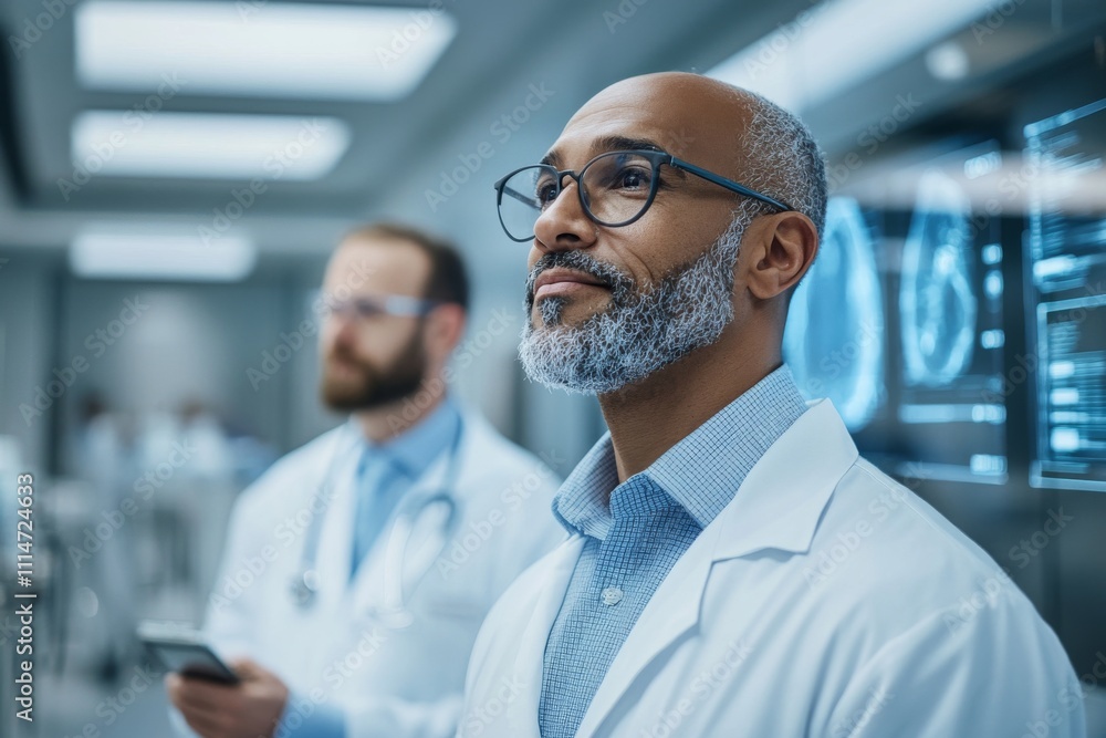 Fototapeta premium A confident doctor dressed in a white coat, wearing glasses, standing in a professional medical environment, representing expertise and dedication to healthcare.