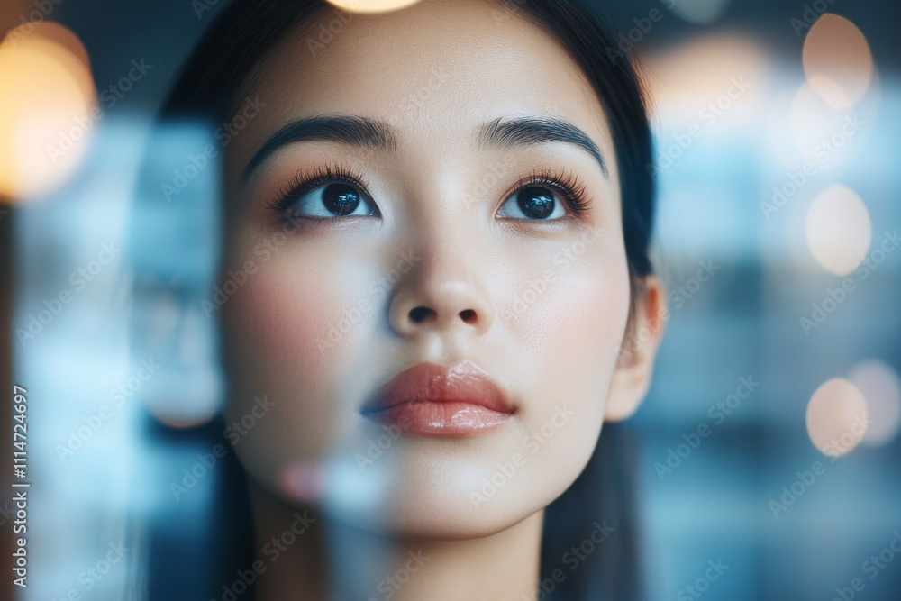 A contemplative woman looks out through a window, with soft bokeh lights adding a sense of dreaminess and introspection to the scene, suggesting hope and reflection. A contemplative woman looks out through a window, with soft bokeh lights adding a sense of dreaminess and introspection to the scene, suggesting hope and reflection.