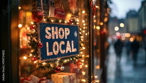 Christmas themed shop window featuring Shop Local sign with festive lights and holiday decor, promoting small business support. Shopping, sale, retail, promotion concept