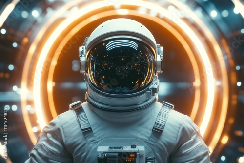 An astronaut stands poised in a futuristic space environment, surrounded by dazzling lights, capturing the essence of exploration and technological advancement.