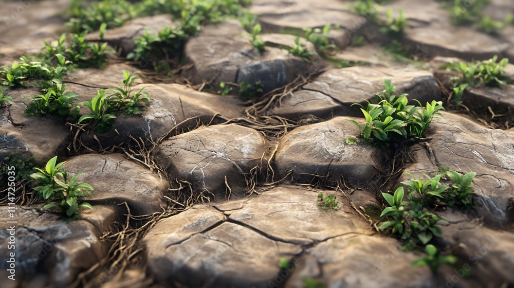 Fototapeta premium Close-up of cracked earth with small green plants growing in crevices.