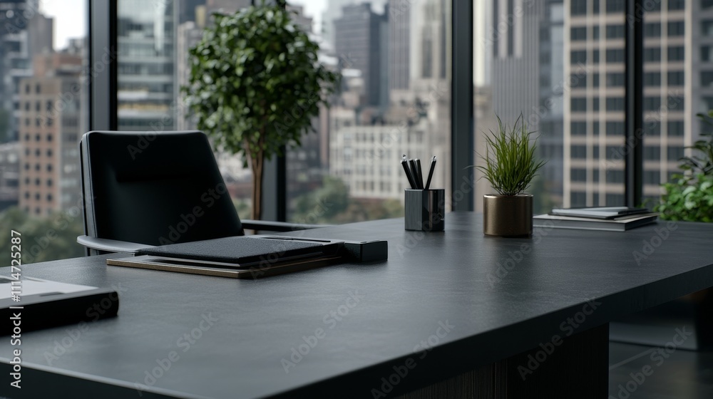 Fototapeta premium A sleek and minimalistic office desk setup featuring modern accessories is positioned in front of large windows overlooking a bustling metropolis, highlighting professionalism.