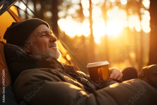 A content man leans against his tent, savoring a hot coffee during sunrise in the woods, illustrating the peace and simplicity found in nature's embrace. photo