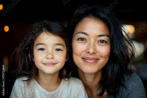 A heartwarming portrait of a mother and daughter smiling directly at the camera, radiating joy, love, and a deep, shared familial connection against a dark background.