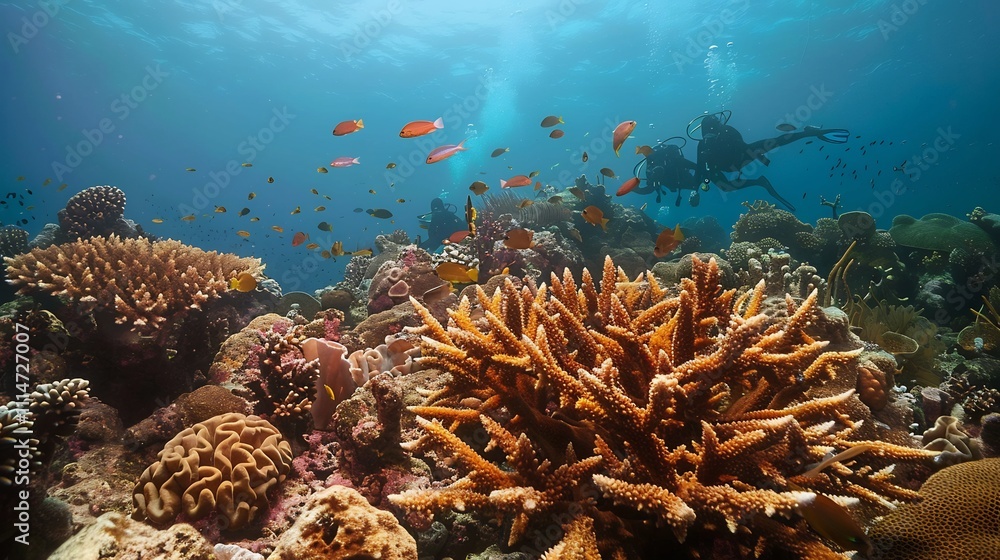 Fototapeta premium Reef diving coral reef vibrant corals tropical fish highlighting marine beauty and underwater scenery Enjoy a dive adventure and underwater photography among diverse fish species and coral formations