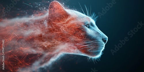 A digital representation of a feline face materializing in a swirl of particles, symbolizing the fusion of technology, nature, and ethereal aesthetics.