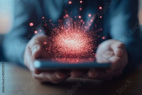 A smartphone displayed on a table emits a powerful burst of red light, representing energy, creativity, and the limitless potentials of modern technology. photo