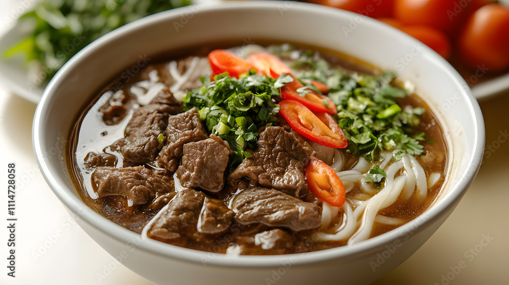 Aromatic pho asian traditional, authentic food vietnamese bowl, flavorful cuisine soup healthy, savory dinner beef spicy, delectable meal noodle, top view, copy space. Aromatic pho asian traditional, authentic food vietnamese bowl, flavorful cuisine soup healthy, savory dinner beef spicy, delectable meal noodle, top view, copy space.