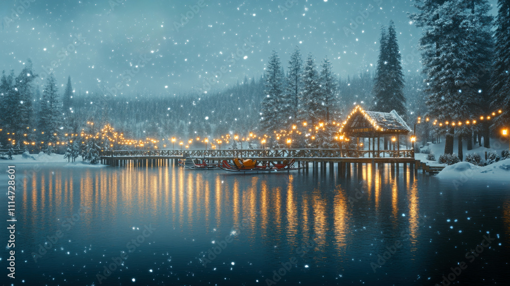 Fototapeta premium A serene winter scene featuring a snow-covered lake, festive string lights, and a wooden pier, surrounded by pine trees and falling snow. 