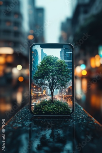 A smartphone screen displays a vibrant tree amidst an urban cityscape, creating a surreal contrast between nature and modern urban life, emphasizing connection. photo