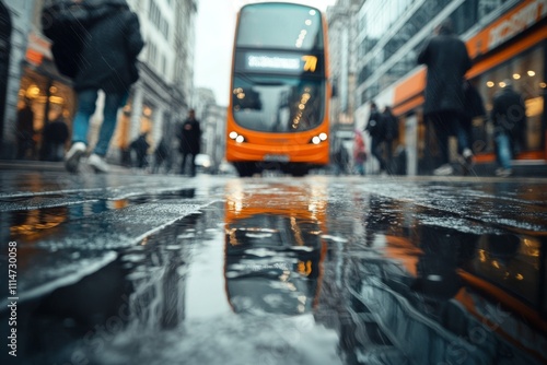 Wallpaper Mural A bustling city street soaked in rain reflects a bright orange bus, capturing a moment full of movement and color in an urban setting, deeply atmospheric. Torontodigital.ca