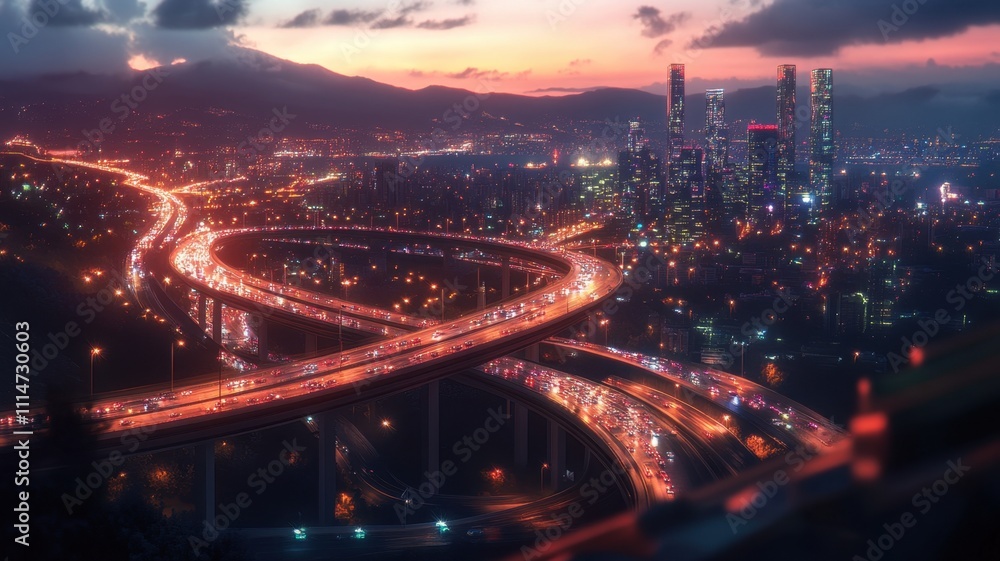 Fototapeta premium Highway interchange traffic jam at sunset in modern cityscape
