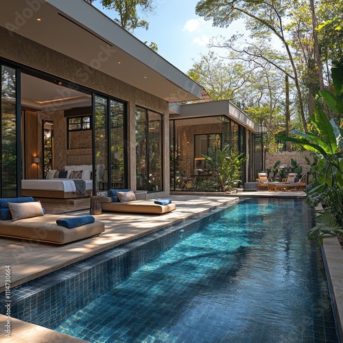 Wallpaper Mural Modern villa with a serene pool and lush greenery, designed for relaxation and leisure. Torontodigital.ca