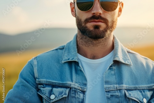 A bearded man wearing a denim jacket and sunglasses stands outside under warm, clear skies, with blurred mountains as backdrop, embodying a relaxed traveler vibe.